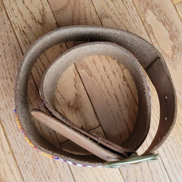 Lucky Brand Multi Embroidered Aztec Boho 100% Leather Belt Brown - Picture 3 of 16